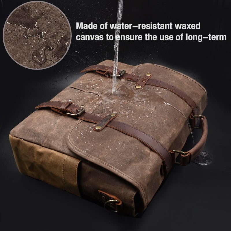 NEWHEY Mens Messenger Bag 15.6 Inch Waterproof Vintage Genuine Leather Waxed Canvas Briefcase Large Leather Computer Laptop Bag Rugged Satchel Shoulder Bag, Brown - Image 2